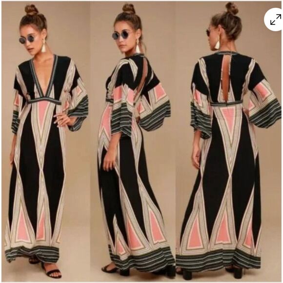 Lulus Montecito Maxi Dress Kimono Sleeves Metro Deep V front & back Hostess Sz M - Picture 1 of 12